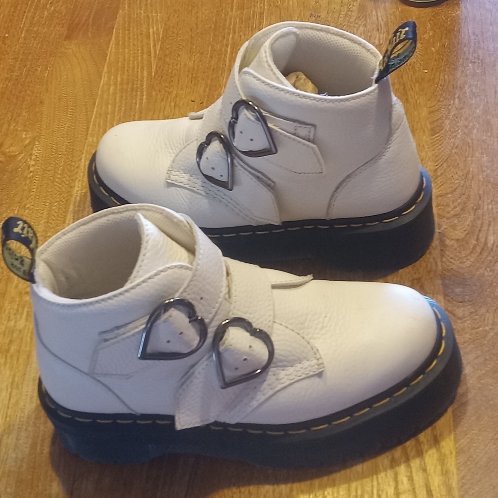 Dr. Martens White Heart Buckle Ankle Boots